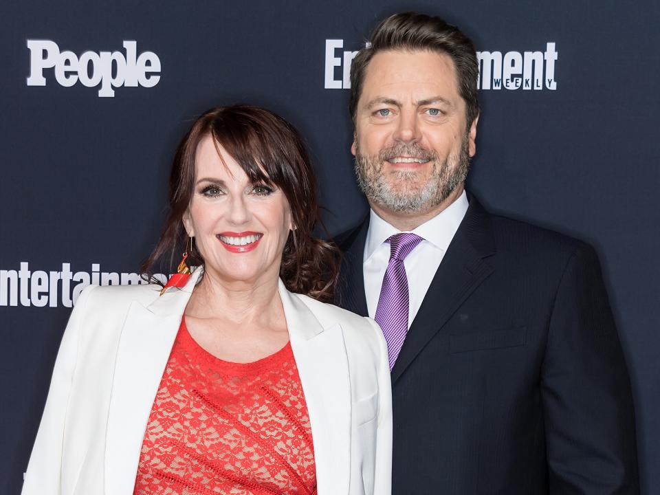 Megan Mullally and Nick Offerman attend Entertainment Weekly & People New York Upfronts at 849 6th Ave on May 15, 2017 in New York City