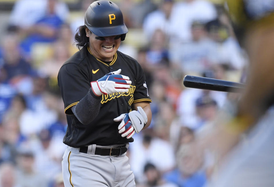 LOS ANGELES, CA - JUNE 01: Yu Chang #6 of the Pittsburgh Pirates is hit by a pitch from reliever Evan Phillips of the Los Angeles Dodgers in the sixth inning at Dodger Stadium on June 1, 2022 in Los Angeles, California. (Photo by Kevork Djansezian/Getty Images)