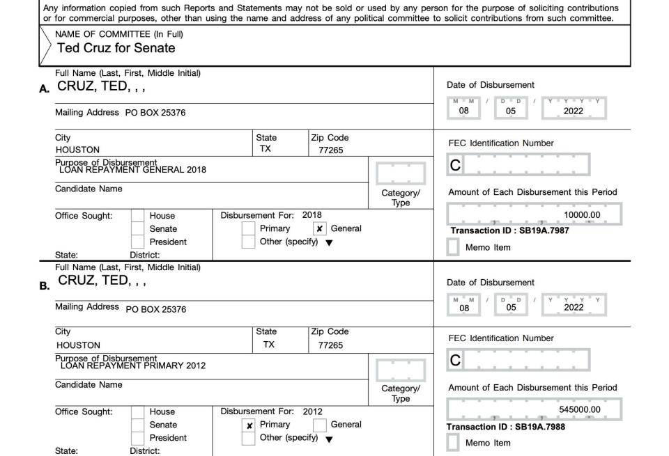 Cruz's campaign noted the loan repayments in quarterly disclosure forms filed with the FEC on October 15, 2022.