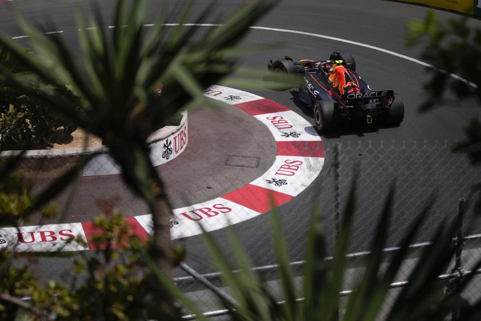 Red Bull driver Sergio Perez of Mexico steers his car during the third free practice at the Monaco racetrack, in Monaco, Saturday, May 28, 2022. The Formula one race will be held on Sunday. (AP Photo/Daniel Cole)