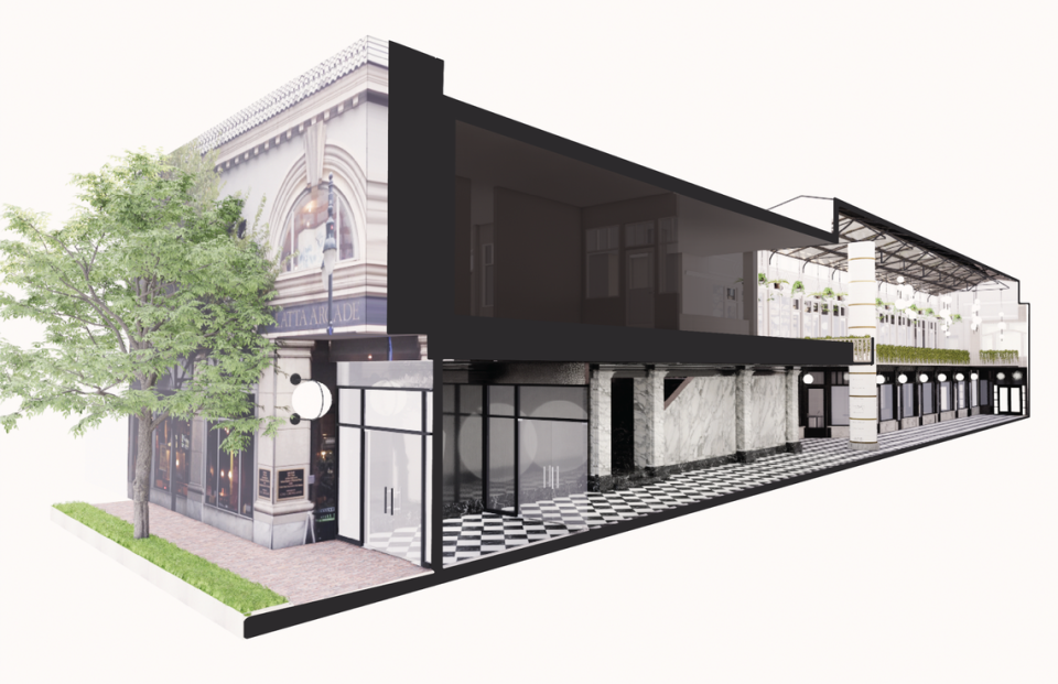 An exterior rendering of The Alley showcases a blend of historic and modern design elements.