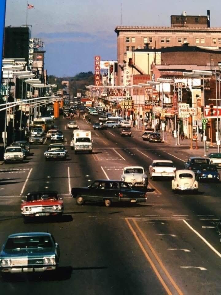 This provided photo shows Michigan Street looking north in downtown South Bend with Robertson’s Department store on the left and the Granada Theater on the right.