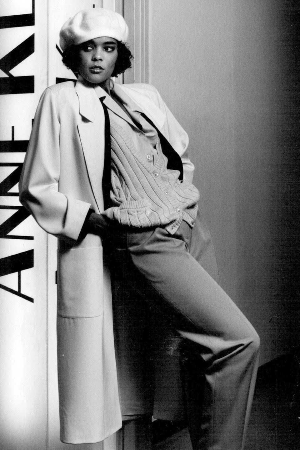 <p>A model wears a suited cardigan look at an Anne Klein presentation. </p>