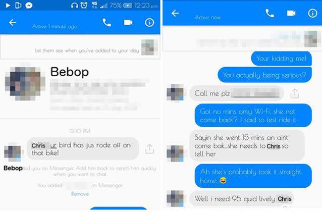 Beebop messaged Chris to tell him the girl had rode away with the bike, and demanded $160. Picture: Supplied