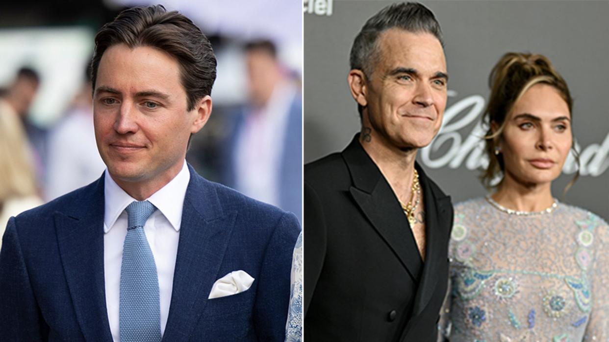 a split image of ayda williams, robbie williams and edoardo mapelli mozzi