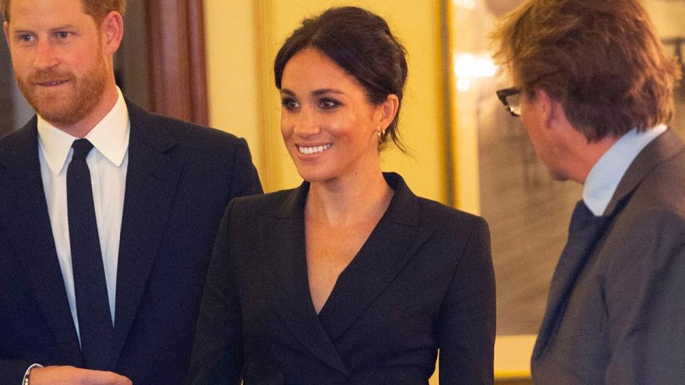 The duchess attended a performance of 'Hamilton' in a sleek dress sans tights.