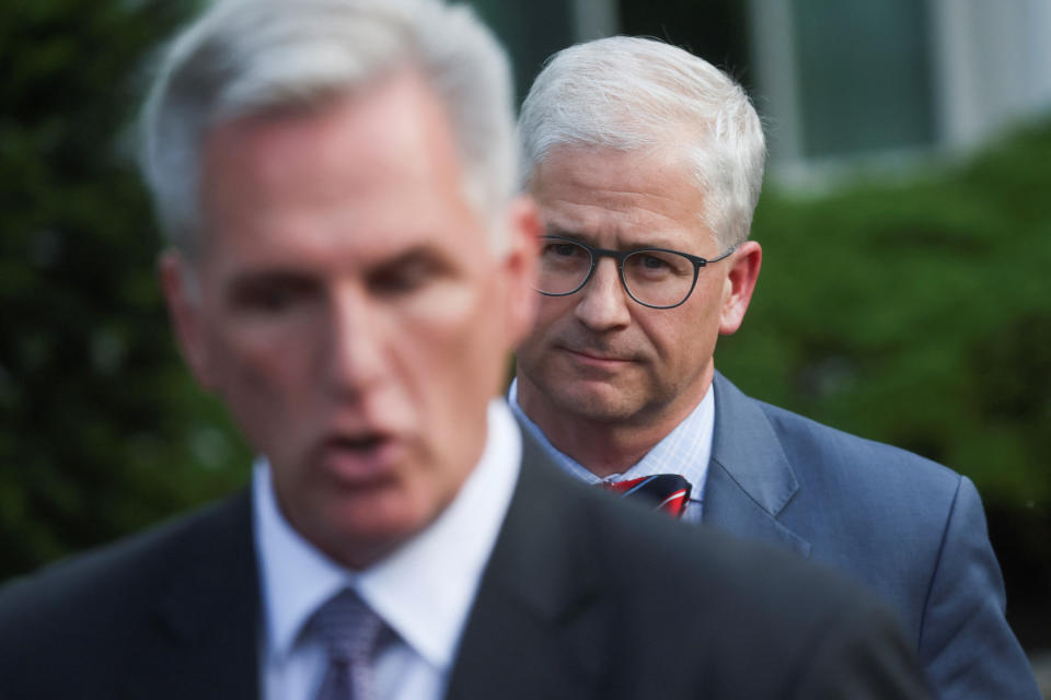 U.S. Rep. Patrick McHenry (R-NC) listens as House Speaker Kevin McCarthy (R-CA) speaks to reporters outside the West Wing following debt limit talks with U.S. President Joe Biden at the White House in Washington, U.S., May 22, 2023. REUTERS/Leah Millis