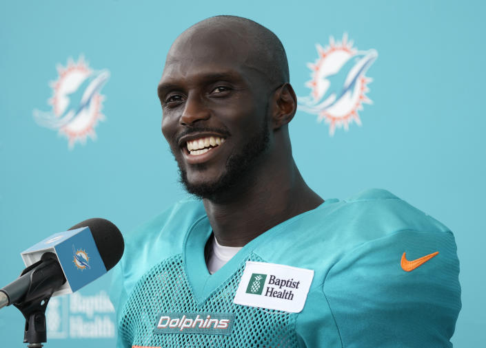 MIAMI GARDENS, FLORIDA - AUGUST 04: Cornerback Jason McCourty #30 of the Miami Dolphins speaks with the media after practice during Training Camp at Baptist Health Training Complex on August 04, 2021 in Miami Gardens, Florida. (Photo by Mark Brown/Getty Images)