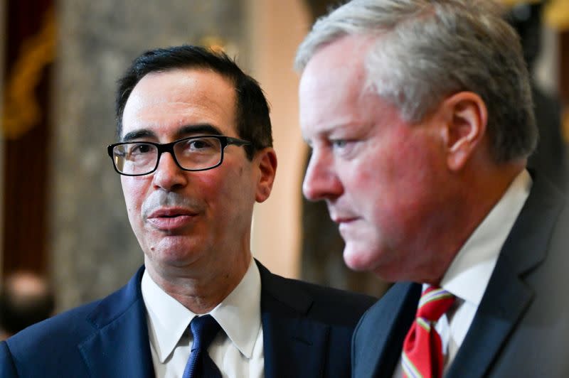 U.S. Treasury Secretary Mnuchin, joined by White House Chief of Staff Meadows, speaks to reporters in the U.S. Capitol in Washington
