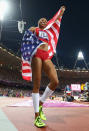 <a href="http://sports.yahoo.com/olympics/track-field/allyson-felix-1132858" data-ylk="slk:Allyson Felix;elm:context_link;itc:0;sec:content-canvas" class="link ">Allyson Felix</a>of the United States celebrates after winning gold in the Women's 200m Final on Day 12 of the London 2012 Olympic Games at Olympic Stadium on August 8, 2012 in London, England. (Photo by Michael Steele/Getty Images)