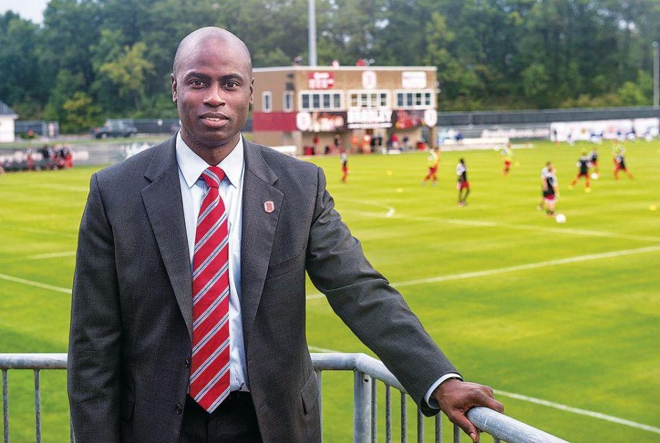 Bradley athletics director Chris Reynolds poses for a photo at Shea Stadium, home of the Bradley men's soccer team, soon after his hiring in 2015.