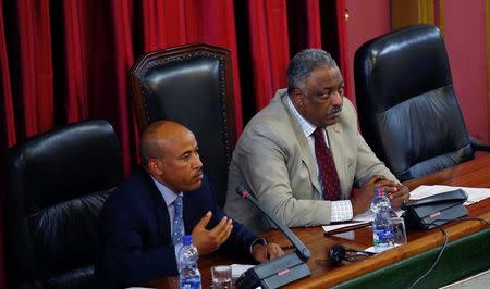 Ethiopia's Defence Minister Siraj Fegessa and speaker of the House of Peoples' Representatives, Abadula Gemeda, address legislators during an emergency meeting to lift the state of emergency, in Addis Ababa, Ethiopia, August 4, 2017. REUTERS/Tiksa Negeri