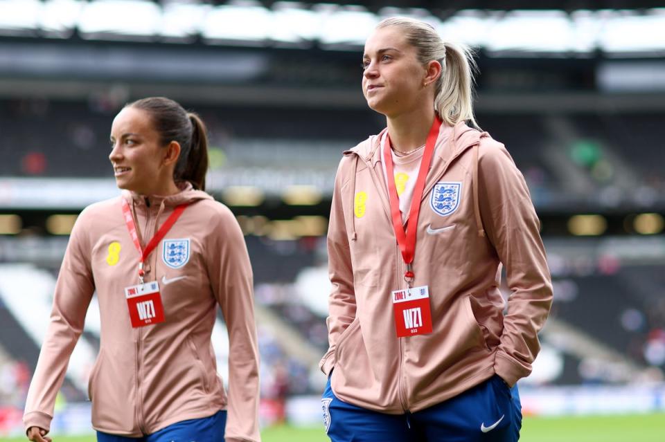 Staniforth (left) with England striker Alessia Russo, who has scored three goals at the tournament (The FA via Getty Images)