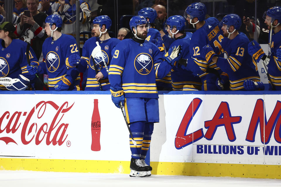 Buffalo Sabres right wing Alex Tuch (89) is congratulated for a goal against the Washington Capitals during the second period of an NHL hockey game Thursday, April 11, 2024, in Buffalo, N.Y. (AP Photo/Jeffrey T. Barnes)