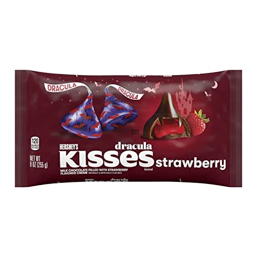 HERSHEY'S KISSES Dracula Milk Chocolate with Strawberry Flavored Creme Candy, Halloween, 9 oz Bag