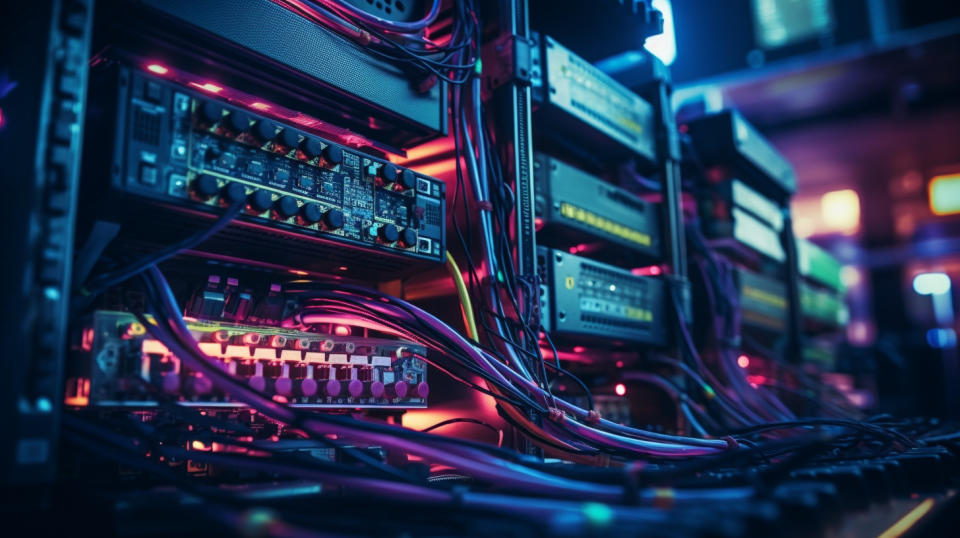 A close up view of a bank of computers and wires, showing the complex technology powering the company's financial services.