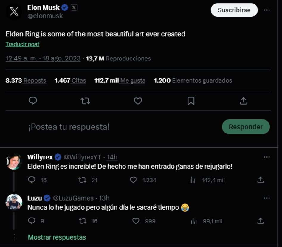 Elon Musk vuelve a expresar su admiración por ELDEN RING