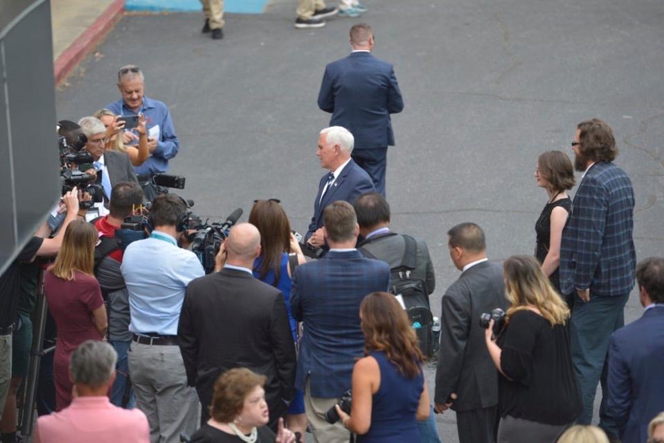 Former Vice President Mike Pence meets with members of the press before Thursday's Carolina Pregnancy Center Spring Gala at Spartanburg Memorial Auditorium.