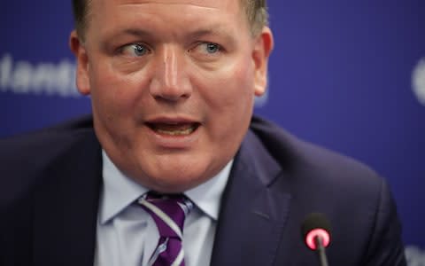 MP Damian Collins speaks during a news conference with American and European counterparts at the Atlantic Council July 16 - Credit: Chip Somodevilla/Getty