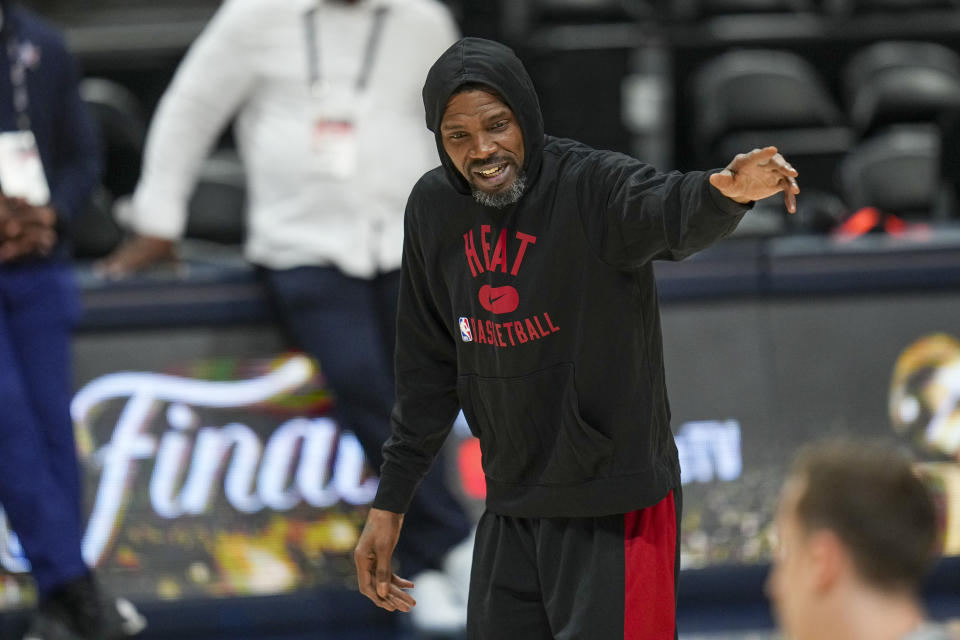 Miami Heat forward Udonis Haslem practices during an NBA Finals open practice, Sunday, June 11, 2023, in Denver. Miami takes on the Denver Nuggets in Game 5 of the NBA Finals on Monday. (AP Photo/Jack Dempsey)