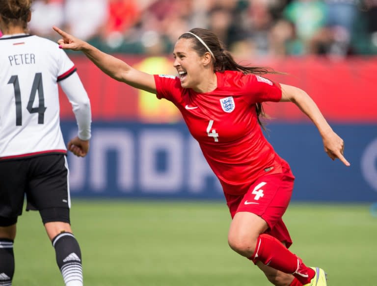 England's Fara Williams celebrates after scoring on a penalty in extra time of her bronze medal match against Germany at the FIFA Women's World Cup in Edmonton, Canada on July 4, 2015