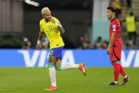 Brazil's Neymar celebrates after scoring his side's second goal from the penalty spot during the World Cup round of 16 soccer match between Brazil and South Korea, at the Education City Stadium in Al Rayyan, Qatar, Monday, Dec. 5, 2022. (AP Photo/Martin Meissner)
