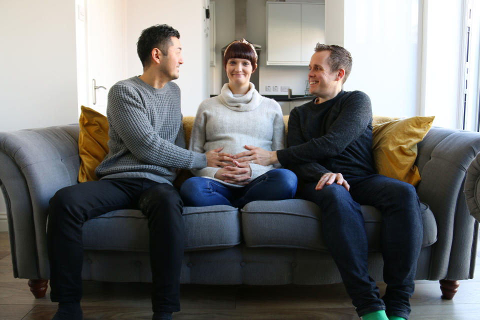 The Surrogates. Intended parents Aki (left) and Kevin (right), with their heavily pregnant surrogate, Emma (middle). (BBC/Sundog Pictures)