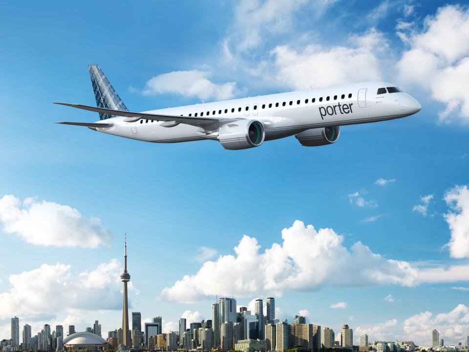 An Embraer E195-E2 aircraft rendering in Porter Airlines colors - Embraer E195-E2