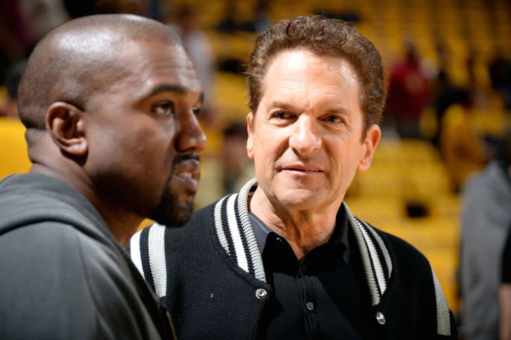 Peter Guber and Kanye West (Photo by Andrew D. Bernstein/NBAE via Getty Images)