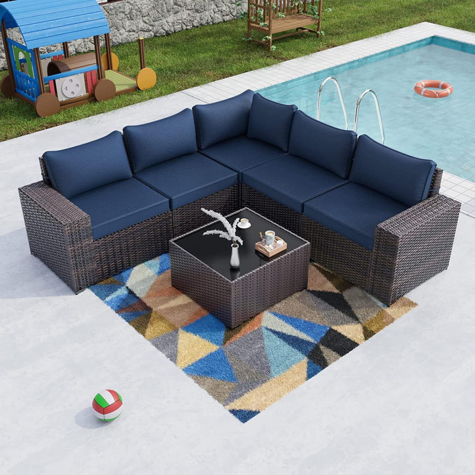 <p><a href="https://go.redirectingat.com?id=74968X1596630&url=https%3A%2F%2Fwww.walmart.com%2Fip%2FGotland-Outdoor-Patio-Furniture-Set-6-Pieces-Sectional-Rattan-Wicker-Sofa-Set-Patio-Conversation-Set-Navy-Blue%2F294022542&sref=https%3A%2F%2Fwww.goodhousekeeping.com%2Fhome-products%2Fg43829115%2Fbest-patio-outdoor-furniture-walmart%2F" rel="nofollow noopener" target="_blank" data-ylk="slk:Shop Now;elm:context_link;itc:0;sec:content-canvas" class="link ">Shop Now</a></p><p>6-Piece Sectional Sofa Set</p><p>walmart.com</p><p>$526.99</p>