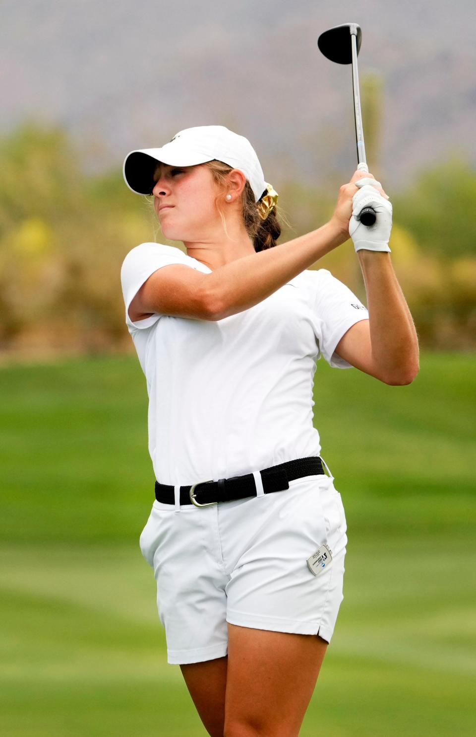 Rachel Kuehn from Wake Forest plays her tee shot on the 10th hole during the first day of stroke play competition at the NCAA Division I Women's Golf Championships at Grayhawk Golf Club in Scottsdale on May 19, 2023.