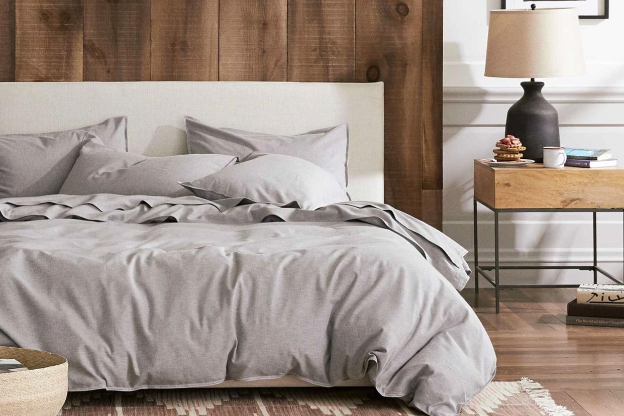 Grey bedding and bed frame