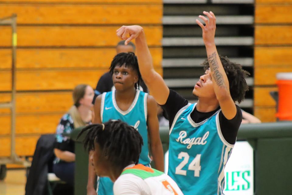 Royal Palm Beach senior Edward Wood stepped up in Royal Palm Beach’s 73-66 season opener victory at Atlantic High on November 22, 2023.