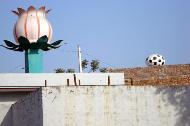 This is modern Punjab’s gift to the rural skyline. Monumental monstrosity or a weird fetish? These are water tanks actually. Other than footballs, you could find big garish birds, a Sikh warrior on the horse with the horse as the tank and of course airplanes. The last of this has a specific local resonance as much of the population arrives home once a year. To live in what are often three floor rural mansions.