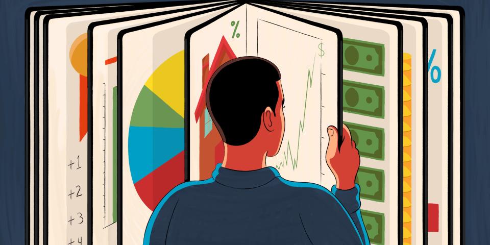 Illustration of a person looking through a finance portfolio.