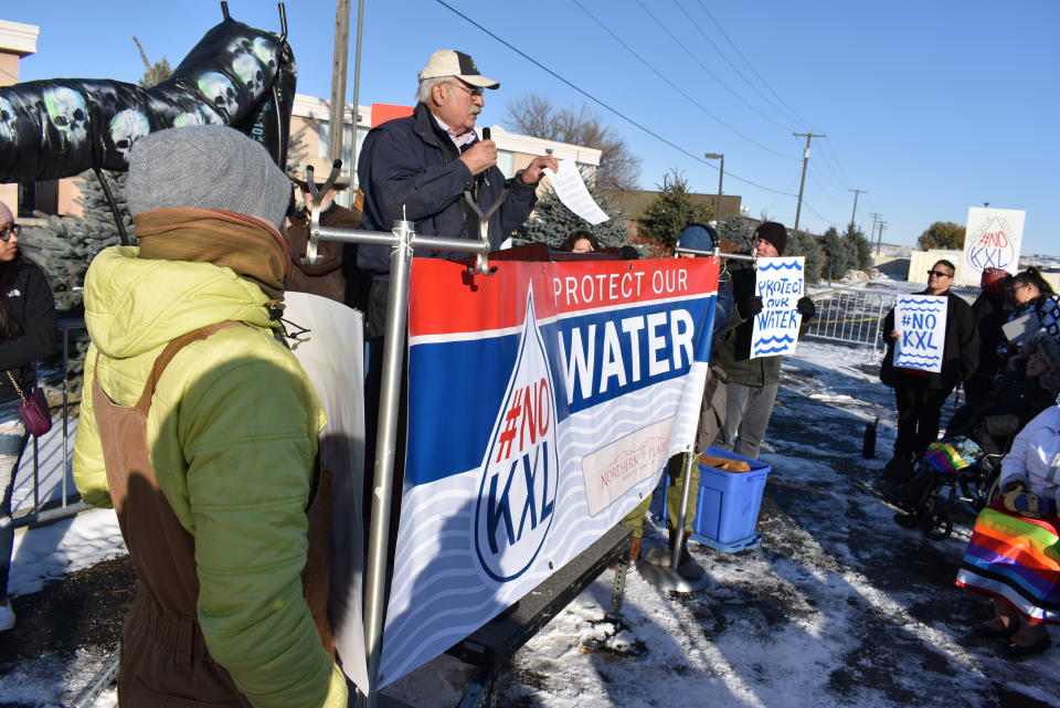 Montana state Sen. Frank Smith expresses his opposition to the Keystone XL oil pipeline from Canada during a demonstration in Billings, Mont. on Tuesday, Oct. 29, 2019. Smith says the 1,200-mile line will eventually break and could threaten water supplies on the Fort Peck Indian Reservation. (AP Photo/Matthew Brown)