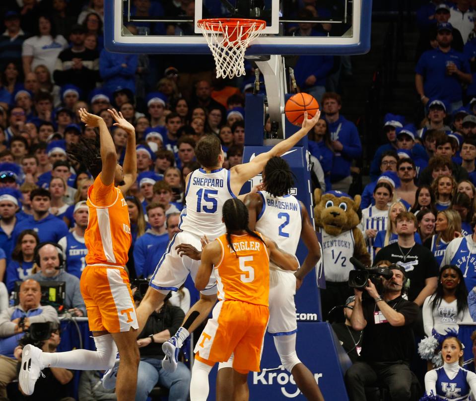 Kentucky’s Reed Sheppard makes the shot against Tennessee Saturday night at Rupp Arena.
Feb. 3, 2024