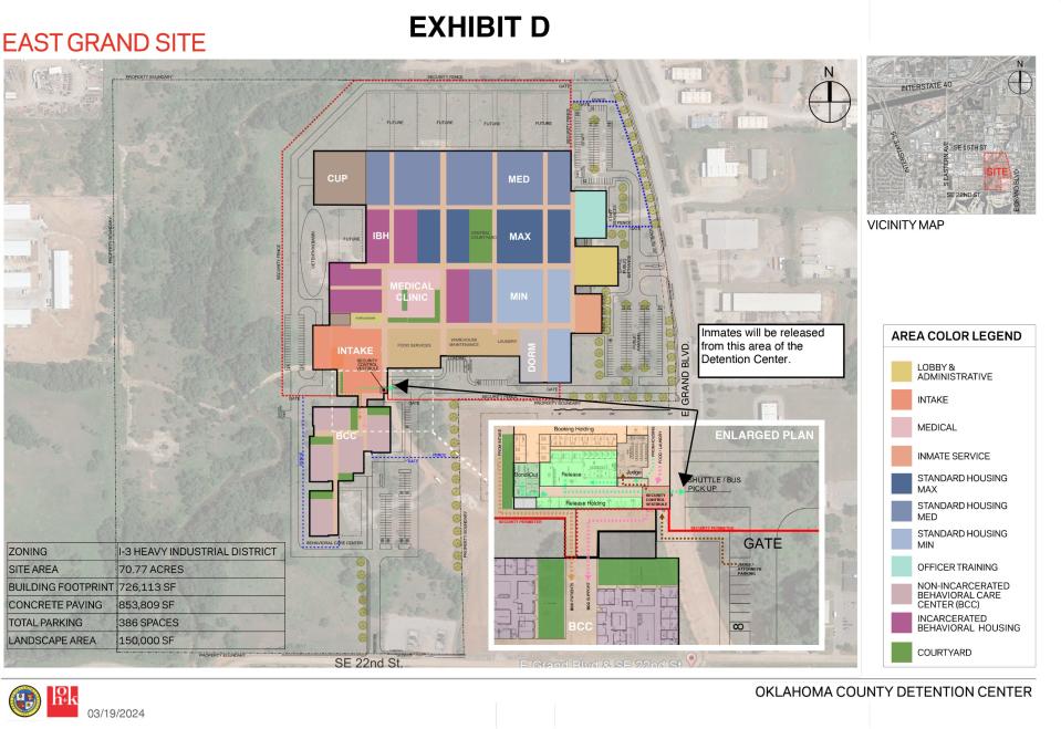 This rendering shown for the first time publicly on April 11, 2024 illustrates HOK's conceptual interior design plans for a new jail at 1901 E Grand and also shows where an adjacent behavioral health center would be located.
(Credit: Oklahoma County)