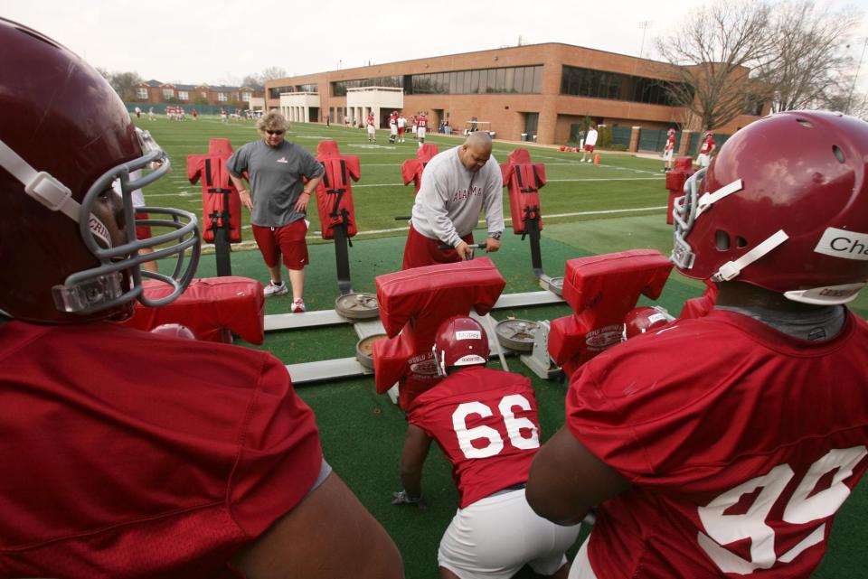 Alabama players work on blocking skills during football practice Friday, March 14, 2008, in Tuscaloosa, Ala. | Tuscaloosa News, Michael E. Palmer, Associated Press