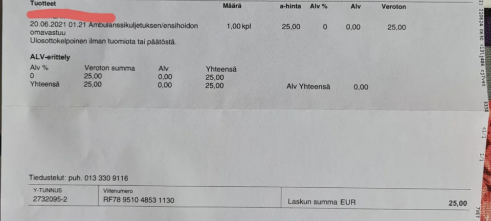 Bill showing that the hospital cost 25 euros