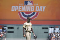 San Diego Padres pitcher Dylan Cease walks to the dugout after the sixth inning of a baseball game against the San Francisco Giants in San Francisco, Friday, April 5, 2024. (AP Photo/Eric Risberg)