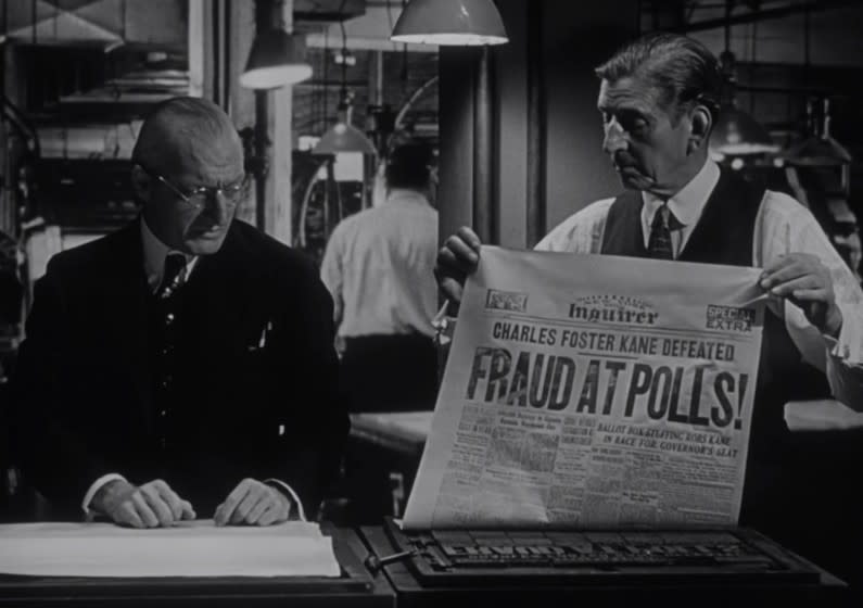 What happens when a news tycoon runs for office? The question was raised in this scene from "Citizen Kane" after its title candidate lost an election.