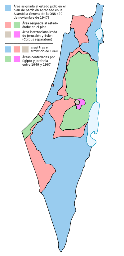 Comparación entre la partición de territorios de la ONU en 1947 y la acordada tras el armisticio de 1949. <a href="https://commons.wikimedia.org/wiki/File:1947-UN-Partition-Plan-1949-Armistice-Comparison-es.svg" rel="nofollow noopener" target="_blank" data-ylk="slk:Kordas/Wikimedia Commons;elm:context_link;itc:0;sec:content-canvas" class="link ">Kordas/Wikimedia Commons</a>