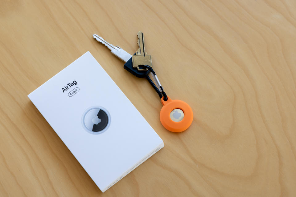 Montreal, Canada, May 1 2021: Apple product released on April 30 2021, Apple's latest accessory, the AirTag is a small device that helps people keep track of belongings, using Apple's Find My network to locate lost items like keys, wallet, or a bag.