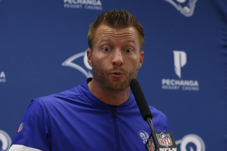 Los Angeles Rams head coach Sean McVay answers a question during a news conference following an NFL football game against the Dallas Cowboys in Arlington, Texas, Sunday, Dec. 15, 2019. (AP Photo/Michael Ainsworth)