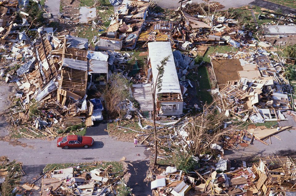 <p>Remnants of a trailer park following Hurricane Andrew. (Steve Starr/CORBIS/Corbis via Getty Images) </p>