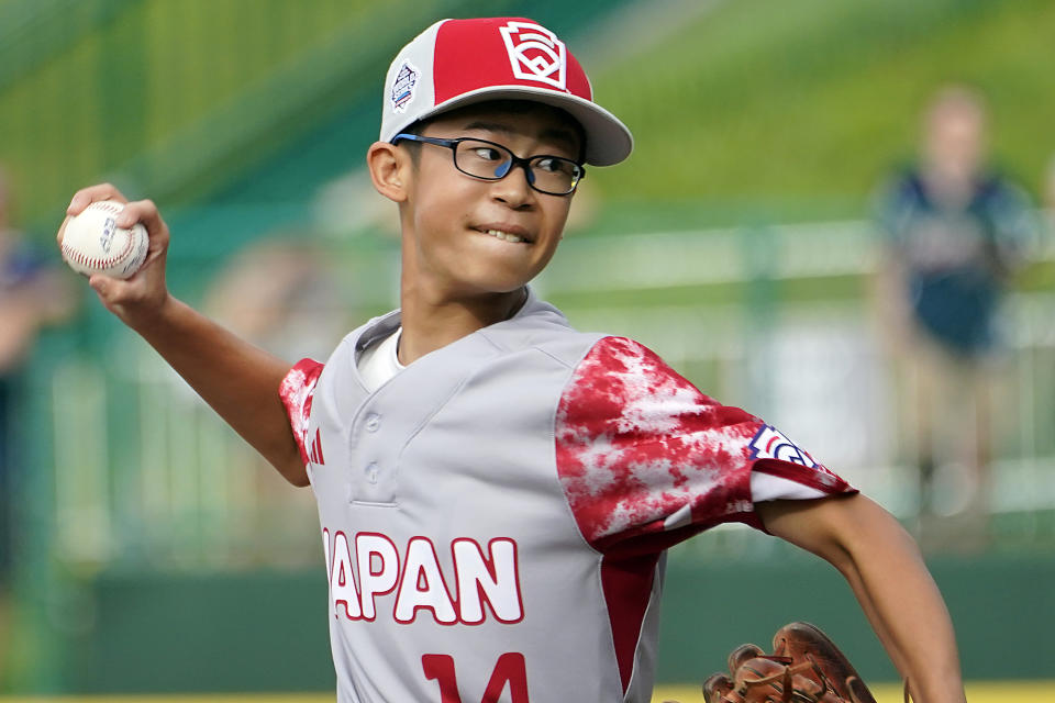 Japan's starting pitcher Hinata Uchigaki throws to a Cuba batter during the first inning of a baseball game at the Little League World Series tournament in South Williamsport, Pa., Wednesday, Aug. 16, 2023. (AP Photo/Tom E. Puskar)