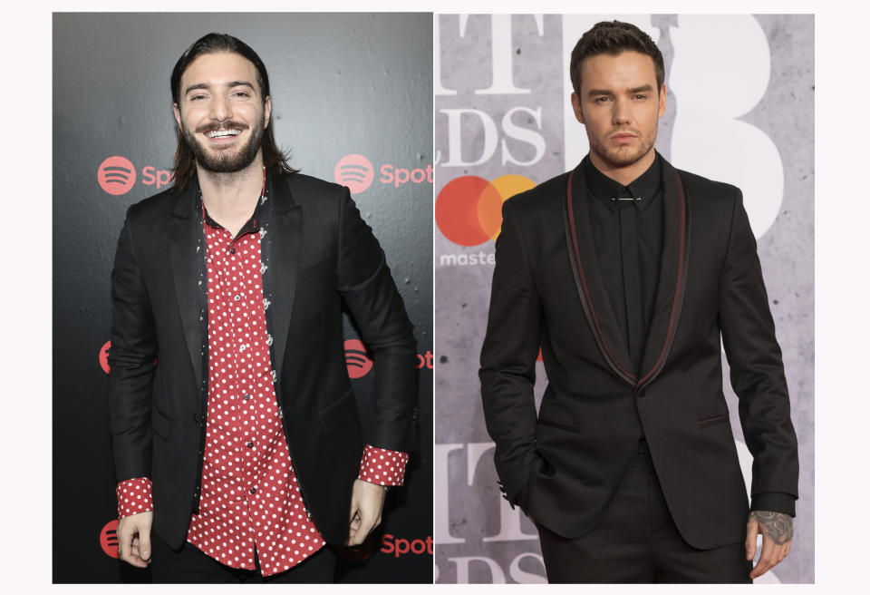 This combination photo shows Alesso, left, at Spotify's Best New Artists Party on Jan. 25, 2018, in New York and Liam Payne at the Brit Awards in London, Feb. 20, 2019. The coronavirus has halted many plans in the music industry but it didn't stop Grammy-nominated DJ-producer Alesso and former One Direction singer Payne from filming a music video for the new dance song "Midnight," released on Wednesday. (AP Photo)