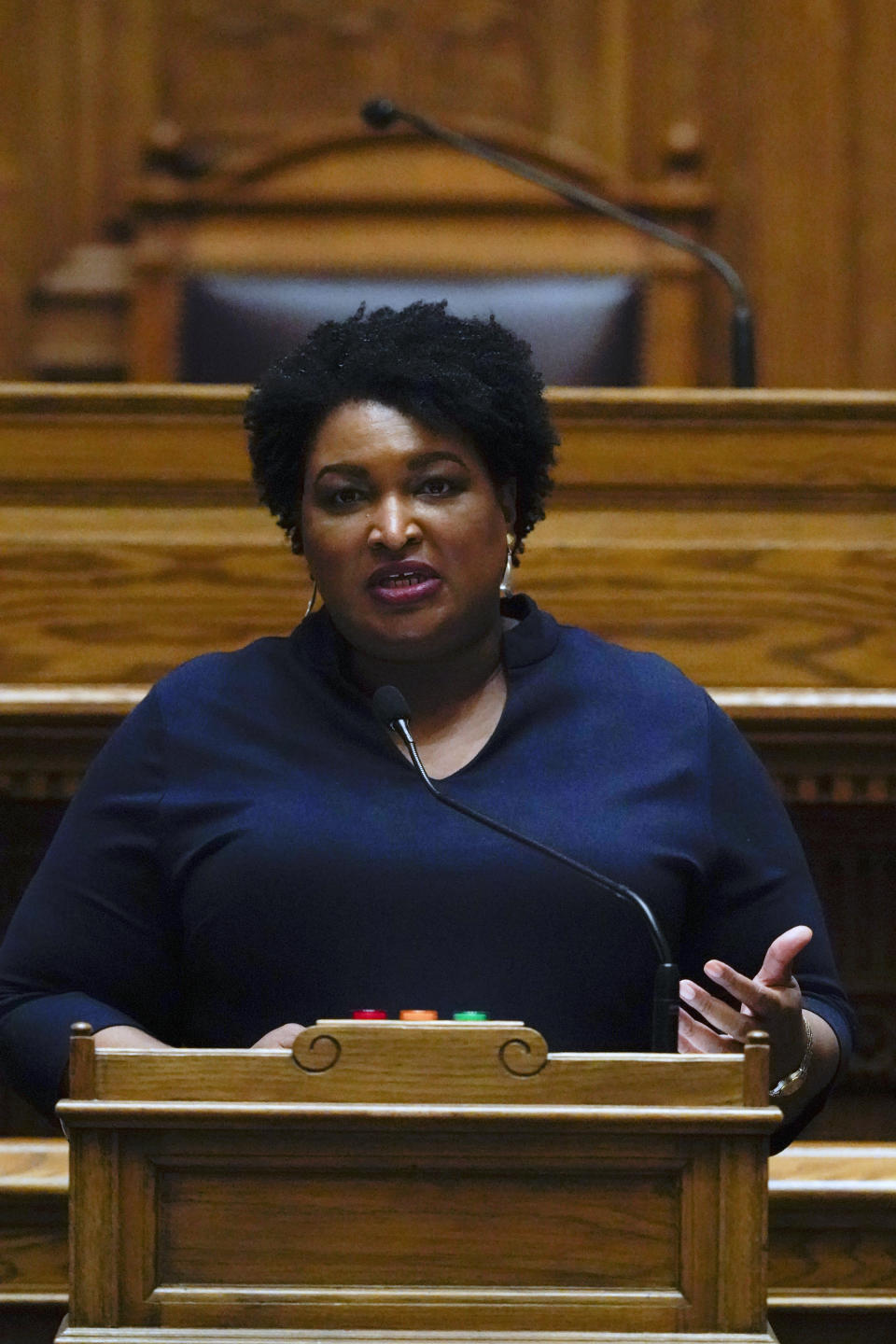 Democrat Stacey Abrams speaks before members of Georgia's Electoral College cast their votes at the state Capitol, Monday, Dec. 14, 2020, in Atlanta. (AP Photo/John Bazemore, Pool)