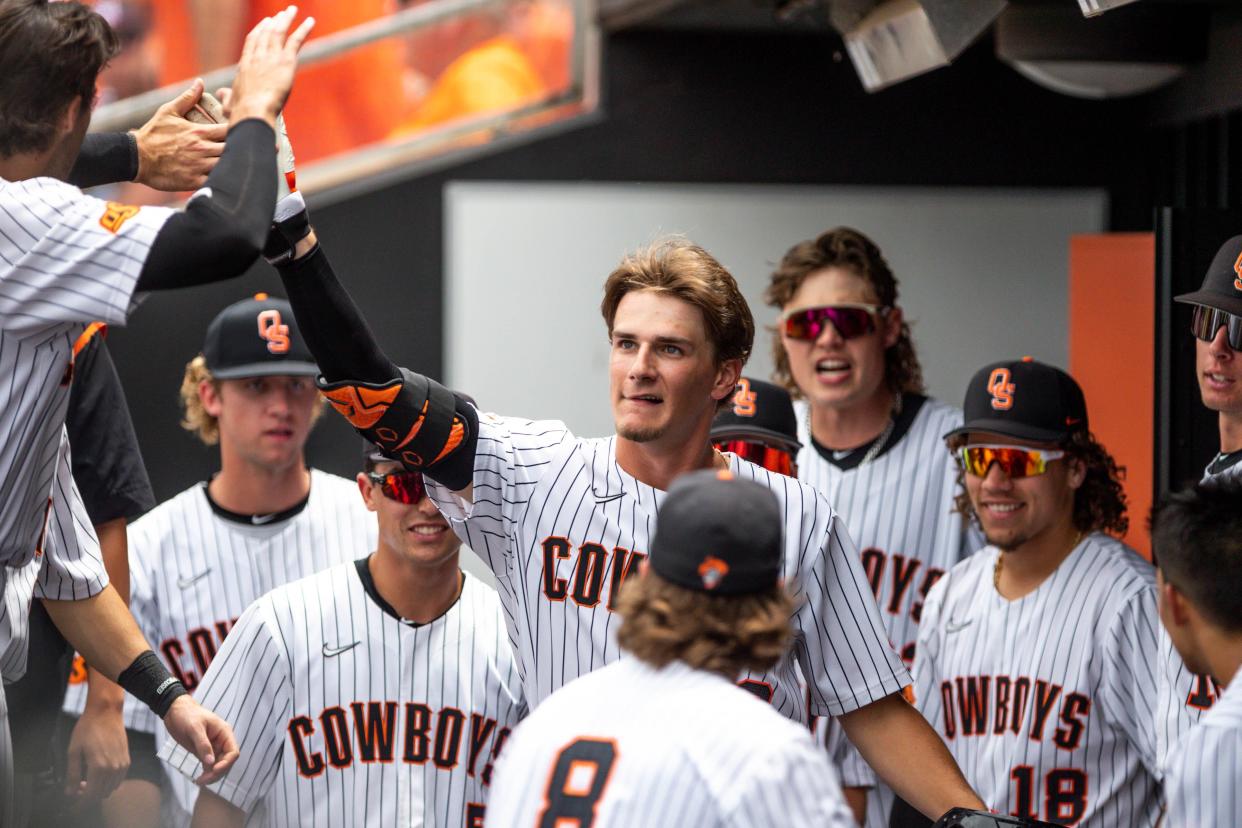 OSU outfielder Nolan Schubart (10) celebrates after hitting a home run against Dallas Baptist in last year's NCAA regional in Stillwater.